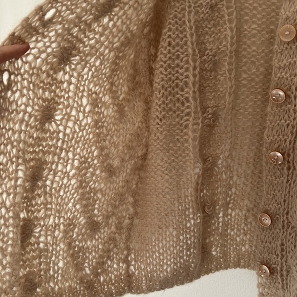 Handmade Mohair Blend Cardigan Cable Open Knit Champagne Blush - Size Small - Picture 4 of 8